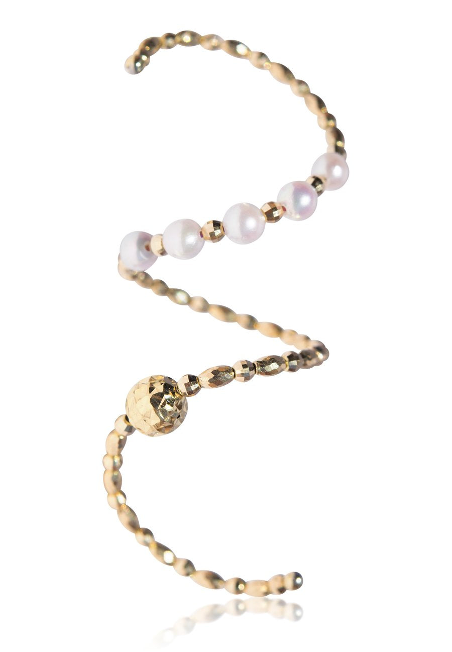 Two-Side Wear Diamond Cut Gold Beads and Akoya Pearl Spiral Ring